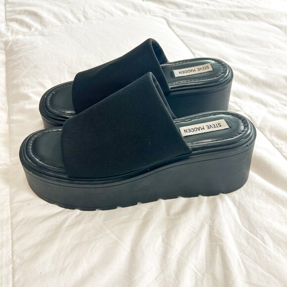 Steve Madden Overjoyed Black Mesh Platform Slide Sandals Size 8.5M EUC - Picture 3 of 8